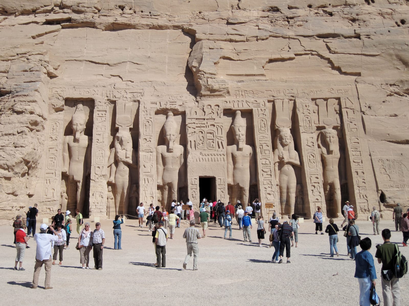 Standing statues on the facade of the Temple of Hathor and Nefertari at Abu Simbel