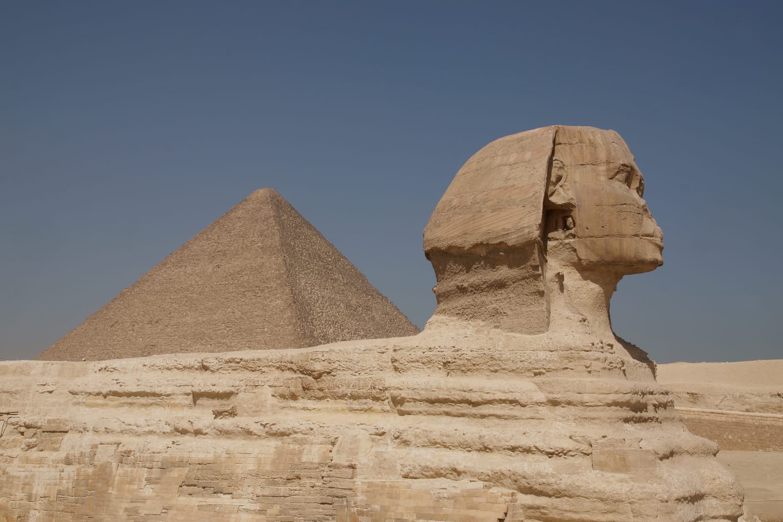 The Great Sphinx and the Pyramid of Khufu at Giza, outside Cairo