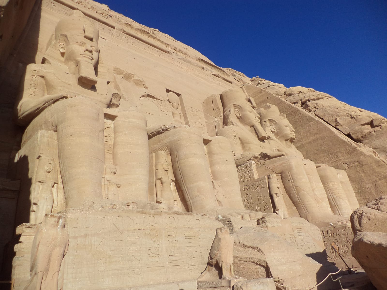 Side view of the rock-cut Great Temple of Abu Simbel above Lake Nasser